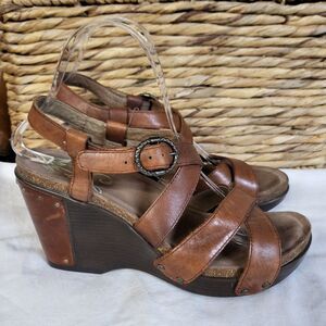 DANSKO FRIDA Sandals Womens 9 39 Brown Leather Strappy Wedge Heels Platform